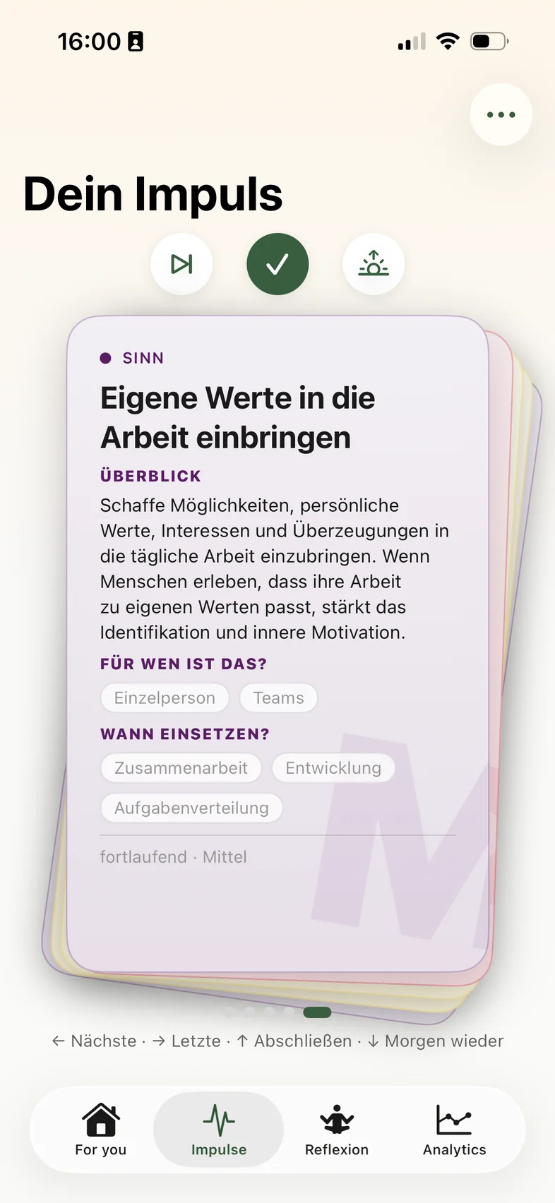 Geöffnete Impuls-Karte mit Überblick, Zielgruppe und Einsatz