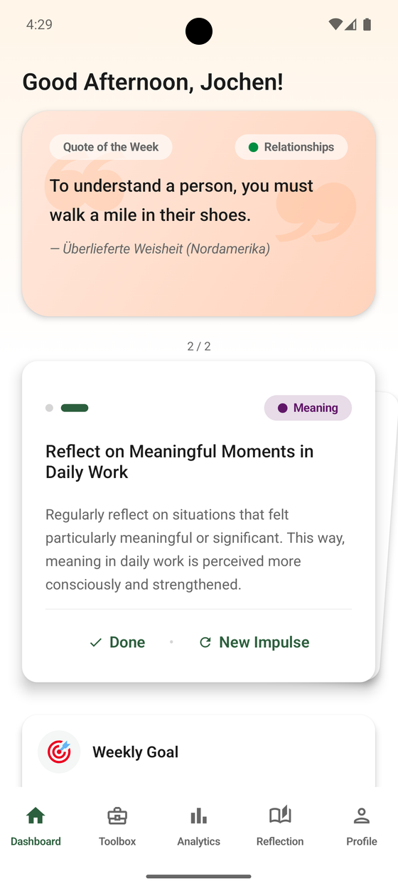 PERMA-Lead Dashboard with daily impulses and leadership compass